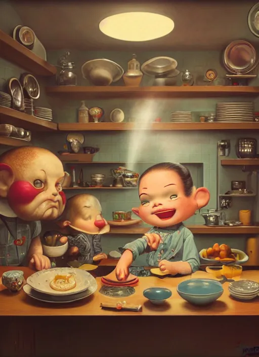 Image similar to highly detailed wide - angle portrait of a retro 1 9 6 0 s kitchen, nicoletta ceccoli, mark ryden, lostfish, earl nore, hyung tae, frank frazetta, global illumination, god rays, detailed and intricate environment