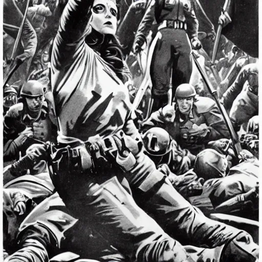 Image similar to female captain america standing on a pile of defeated german soldiers. wwii american propaganda poster by james gurney