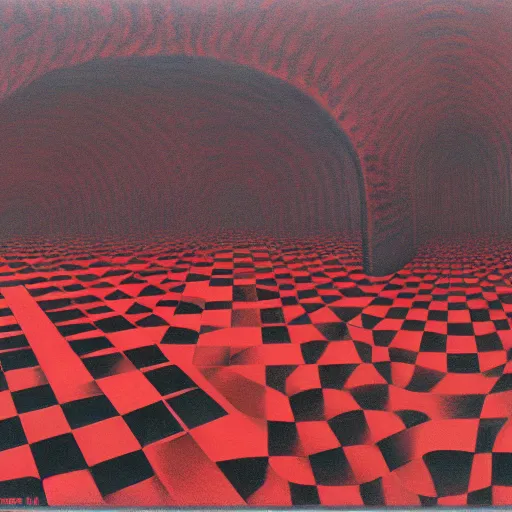 Prompt: a warped tunnel of irregular red and black checkerboard pattern drowns out a desperate voice by Zdzisław Beksiński