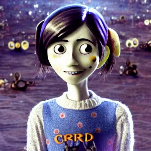 Image similar to natalia dyer starring as live action coraline, movie still, 8 k