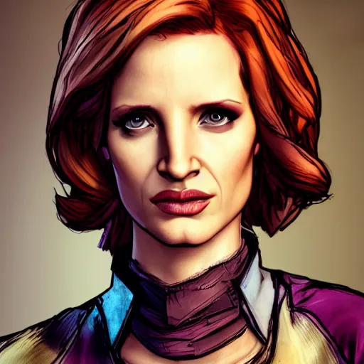 Image similar to jessica chastain portrait, borderlands, tales from the borderlands, the wolf among us, comic, cinematic lighting, studio quality, 8 k