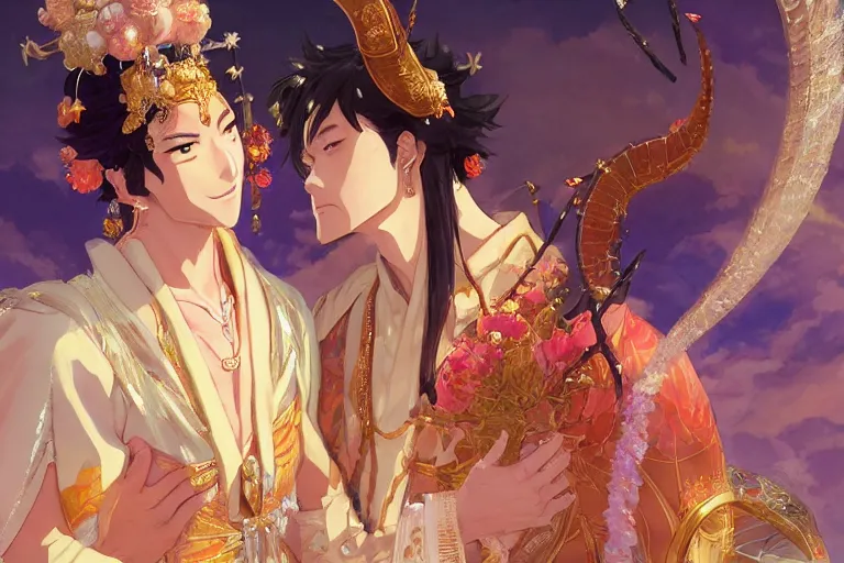 Image similar to close up moment of a divine a japan sun god and a moon goddess lovers magician at a wedding banquet, highly detailed, d & d, fantasy, 4 k realistic, digital painting, trending on artstation, concept art, sharp focus, illustration, art by makoto shinkai and akihiko yoshida and daniel gerhartz