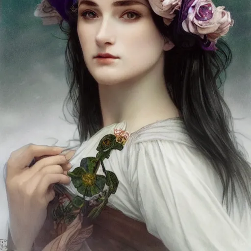 Prompt: side portrait of a beautiful witch, black hair, flower crown, white cloak, headshot, hyper realistic, pale skin, 4k, rule of thirds, beautiful eyes, extreme detail, detailed drawing, trending artstation, hd, fantasy, D&D, realistic lighting, by Alphonse Mucha, Greg Rutkowski, sharp focus, backlit, elegant