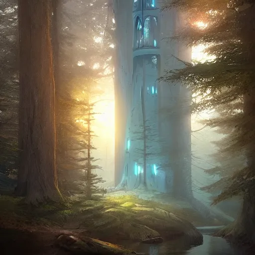 Prompt: a magical tower in the middle of the woods, magical forest, by Jordan Grimmer and greg rutkowski, crisp lines and color,