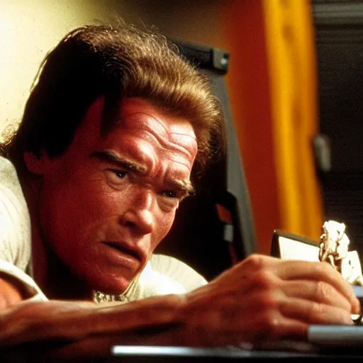 Prompt: arnold schwarzenegger as conan the barbarian sitting at a desk, as an office worker, in an office, inside an office building, sitting at a desk, angrily shouting at a laptop, angry, computer trouble, technical difficulties, software error, crisp lighting, studio lighting, laptop, laptop