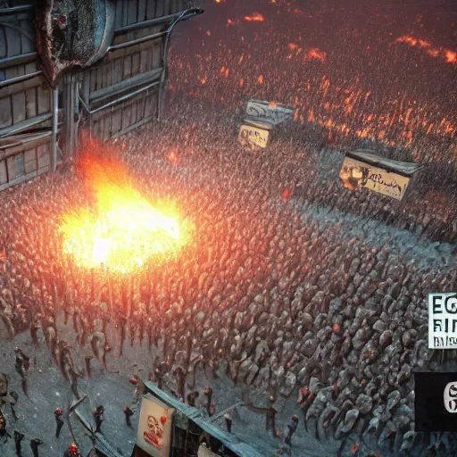 Image similar to the biggest mosh pit in the world, punks throwing Molotovs in the air, fighting, flame and fire, glowing upside cross, cinematic, epic, volumetric, godrays, dynamic lighting, dust flying up into the air, people shooting into the air with guns, octane render, photorealistic, unreal engine, artstation, artstation trending, artstation hq, artstation hd, Pinterest, 8k, ultra detailed, ultra realistic,