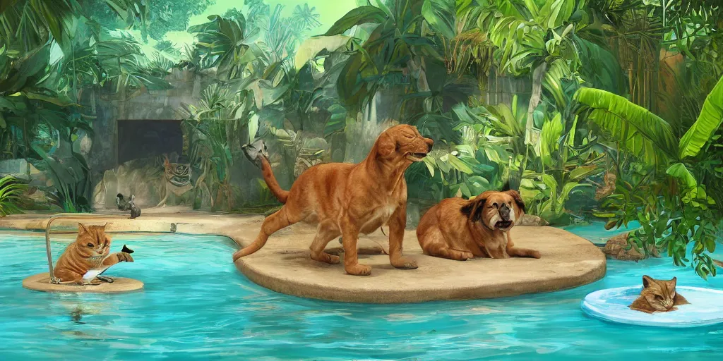 Image similar to swimming pool in the middle of the jungle a cat and a dog playing around , empty beach chair , highly detailed, digital painting, artstation, concept art