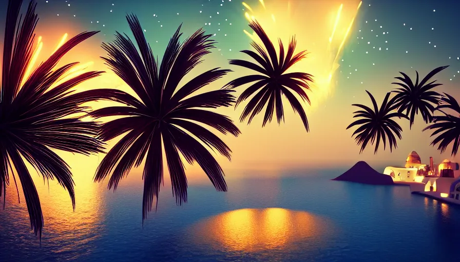 Image similar to 🌟🌜fireworks, Art Deco, in SANTORINI island, palm trees, crystal clear water, starry night, Trending artstation, octane render, cgsociety, surrealist, cinematic, shadow of the tomb rider