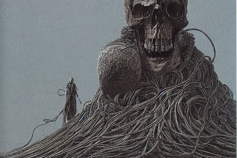 Image similar to intricate, skull atop huge pile of thick cables, interior room, dark, style by caspar david friedrich and wayne barlowe and ted nasmith.