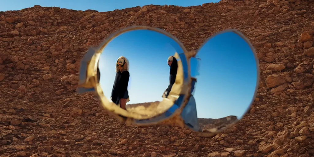 Image similar to levitating woman with full - face golden mask in a dry rocky desert landscape, visible sky and sunny atmosphere, fata morgana and giant mirrors by alejandro jodorowsky, anamorphic lens, kodakchrome, practical effects, masterpiece, 8 k