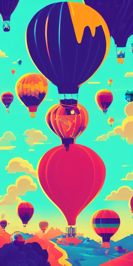 Prompt: cursed multicolored hot air balloons, tom whalen, james gilleard, liam brazier, tristan eaton