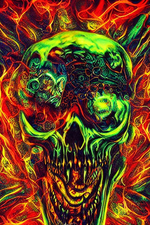 Prompt: 35 mm lens photo of chthonic scull lsd colors with sharp teeth and glowing demonic eyes and rgb background smoke, direct sunlight, glowing, vivid, detailed painting, Houdini algorhitmic pattern, by Ross Tran, WLOP, artgerm and James Jean, masterpiece, award winning painting