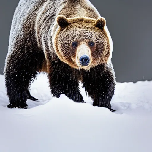 Image similar to Photorealistic photograph of a bear in snow by Sergey Gorshkov, photorealism, photorealistic, realism, real, highly detailed, ultra detailed, detailed, f/2.8L Canon EF IS lens, Canon EOS-1D Mark II, Wildlife Photographer of the Year, Pulitzer Prize for Photography, 8k