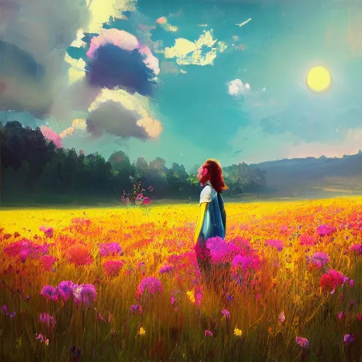 Image similar to girl with a flower face, surreal photography, dream, standing in flower field, in a valley, sunrise dramatic light, impressionist painting, colorful clouds, artstation, simon stalenhag