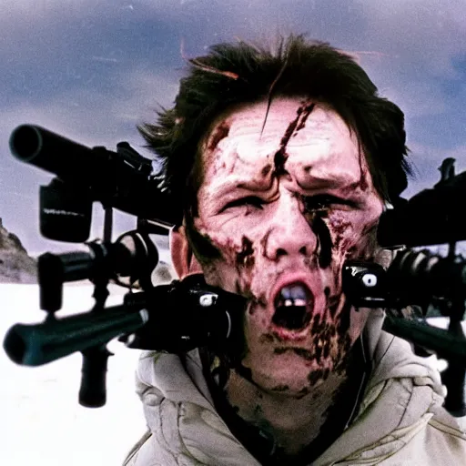 Image similar to a high quality filmic action horror movie style photograph of a man holding a double barreled shotgun to his own face in 1982 antarctica