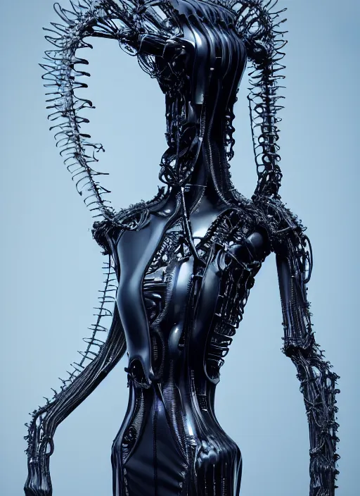 Image similar to catwalk, iris van herpen gothic inflateble dark dress, perfect symmetrical body, helmet on face, full body shot, inflateble shapes, wires, tubes, veins, jellyfish, white biomechanical details, wearing epic bionic cyborg implants, masterpiece, intricate, biopunk, vogue, highly detailed, artstation, concept art, cyberpunk, octane render