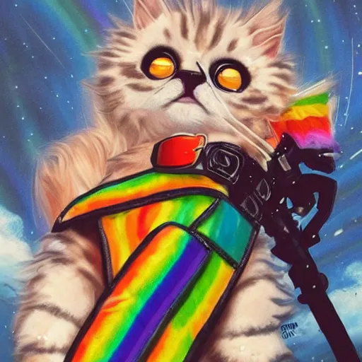 Image similar to wide angle full body, jacket wearing fluffy cute rainbow kitten wearing a black leather motorcycle jacket, riding on a motorcycle, cinematic concept art