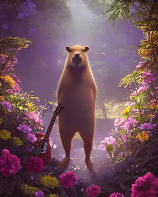 Image similar to Capybara playing Guitar in magical forest, portrait, flowers, flower dress, magic the gathering artwork, D&D, fantasy, cinematic lighting, centered, symmetrical, highly detailed, digital painting, artstation, concept art, smooth, sharp focus, illustration, volumetric lighting, epic Composition, 8k, art by Akihiko Yoshida and Greg Rutkowski and Craig Mullins, oil painting, cgsociety