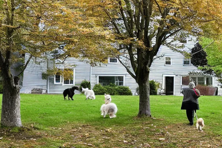 Image similar to the old lady across the street is walking her three tiny white dogs on leashes. she is sour and dour, and angry. she is looking down. she has gray hair. she is wearing a long gray cardigan and dark pants. green house in background. large norway maple tree in foreground. view through window.