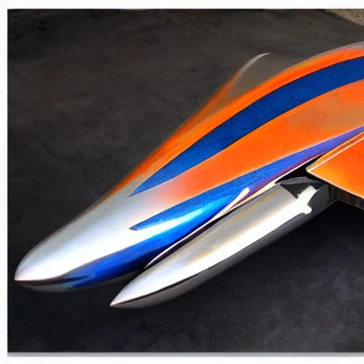Prompt: Chrome fighter jet, blue and orange chrome, shiny, desert chrome, 19801980s airbrushed chrome