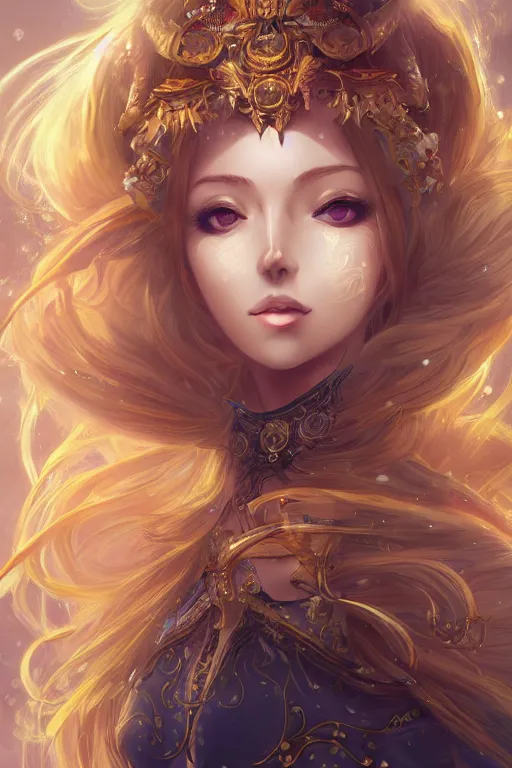 Prompt: portrait of a beautiful anime empress with golden elaborate hair wearing intricate fantasy clothing, perfect face details, symmetry, digital painting, trending on artstation and deviantart, epic composition, vibrant, dynamic, highly detailed, ross draws, wlop, 8 k