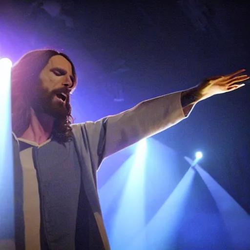 Prompt: Jesus Christ in a rock band, singing on stage, dynamic lighting, dynamic pose