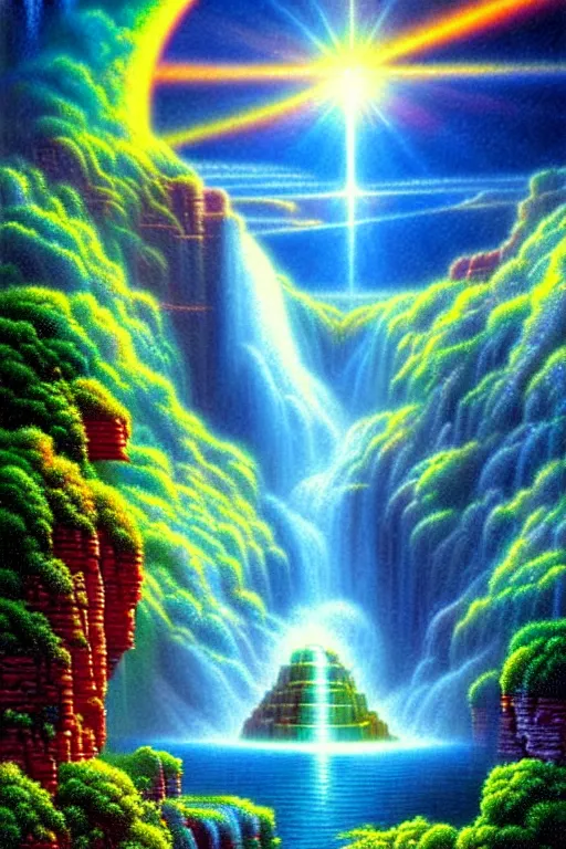 Prompt: a photorealistic detailed cinematic image of a beautiful vibrant iridescent future for human evolution, spiritual science, divinity, utopian, cumulus clouds, ornate waterfall, isometric, by david a. hardy, kinkade, lisa frank, wpa, public works mural, socialist