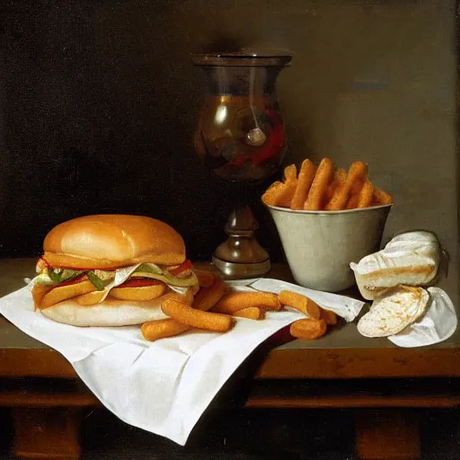 Prompt: McDonalds wrapper on table, Dutch Still Life of the 1600s, oil painting