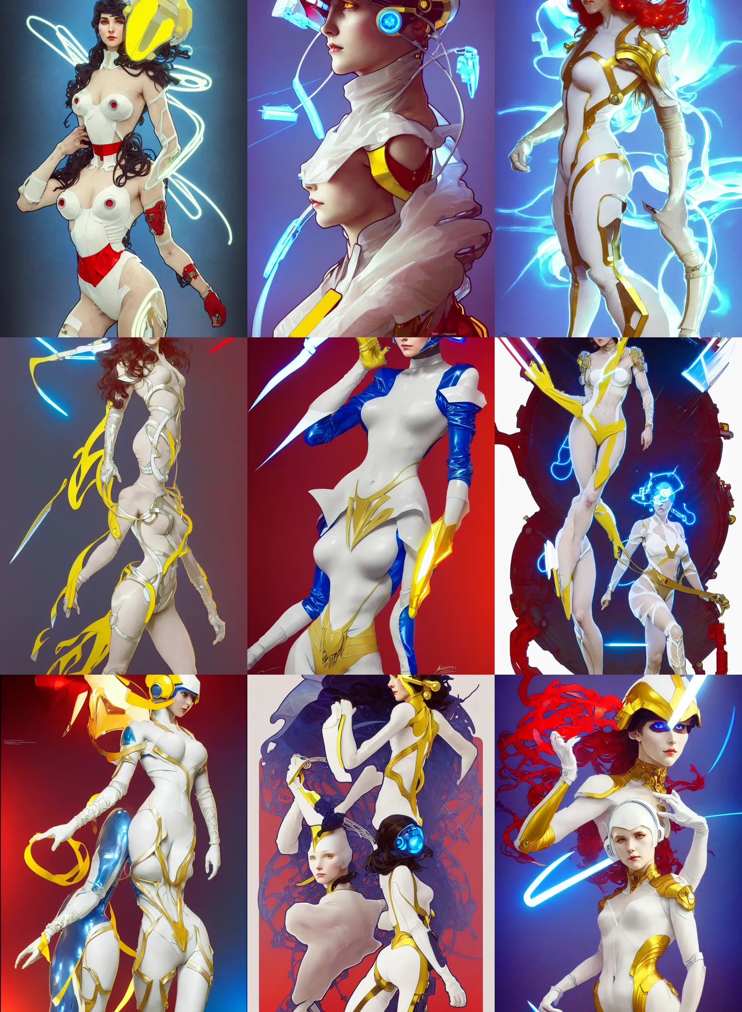 Image similar to a full body character design by artgerm, greg rutkowski and alphonse mucha. sci - fi dagger. laser white and yellow tape and red translucent plastic tape project show attctive showgirl!! sci - fi helmet electric blue eyes!! sharp edges. contour light effect!! ultra detailed, elegant, intricate, octane render.