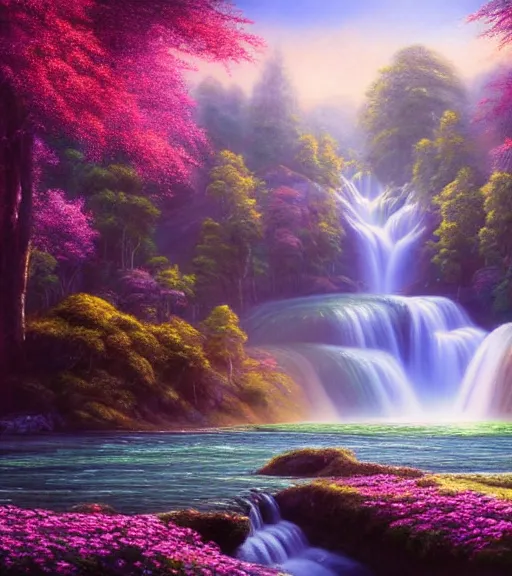 Image similar to the most beautiful panoramic landscape, oil painting, where a giant dreamy waterfall creates a river, the trees around are starting to bloom, cinematic lighting, highly detailed