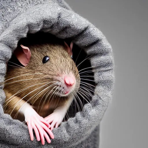 Prompt: professional studio portrait photograph of a domestic pet rat, agouti hooded, variegated, soft lighting, f/16