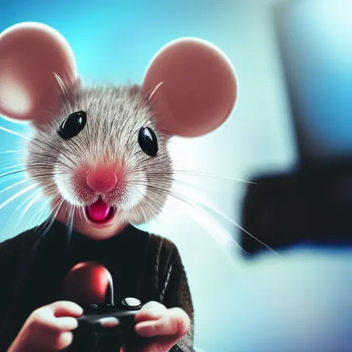 Image similar to tiny mouse wearing headphones, holding controller, gaming