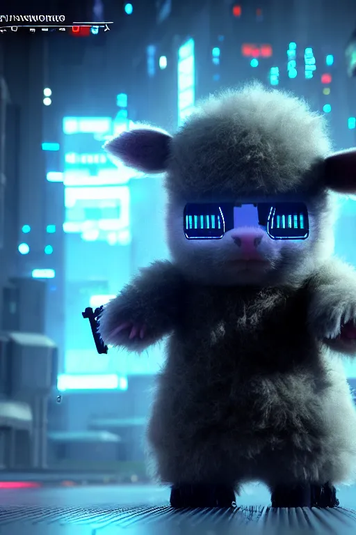 Image similar to high quality 3 d render very cute neuromancer fluffy! cyborg cow playing! keyboard!!, highly detailed, unreal engine cinematic smooth, in the style of blade runner & detective pikachu, hannah yata charlie immer, moody light, low angle, uhd 8 k, sharp focus