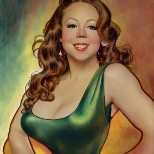 Prompt: Mariah Carey 1940s style brunette portrait, drawn by Donato Giancola and Jon Foster, frank frazetta, alphonse mucha, background by James Jean and gustav klimt, 4k, volumetric lighting, french nouveau, trending on artstation, octane render, hyperrealistic