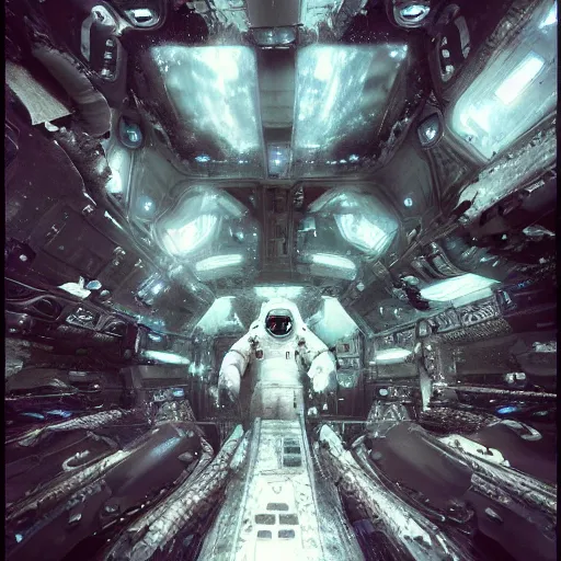 Image similar to concept art by craig mullins astronaut in futuristic dark and empty spaceship underwater. infrared complex and hyperdetailed technical suit. mandelbulb fractal. reflection and dispersion materials. rays and dispersion of light. volumetric light. 5 0 mm, f / 3 2. noise film photo. flash photography. unreal engine 4, octane render. interstellar movie art