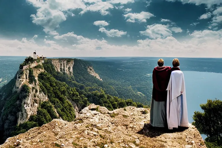 Image similar to a unique digital photo of a jesus and mary magdalene as man and wife standing on a cliff looking over a beautiful landscape in france, rennes - le - chateau, award winning photo, very detailed, very realistic cinematic