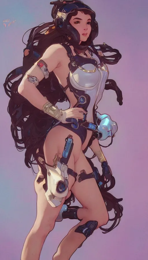 Image similar to d. va in a cute pinup pose by artgerm, greg rutkowski and alphonse mucha, concept art, matte, intricate, full body, epic composition