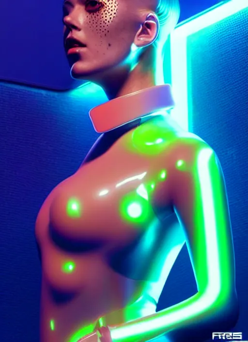 Image similar to a sensual female humanoid with freckles cheeks, futurism, cyber neon lighting, detailed futuristic jewelry, futuristic glossy latex suit, profile posing, hyper photorealistic, crispy quality, digital photography, trending in pinterest, cinematic, 4 k ultra hd, art by pascal blanche, art by greg rutkowski, art by artgerm,