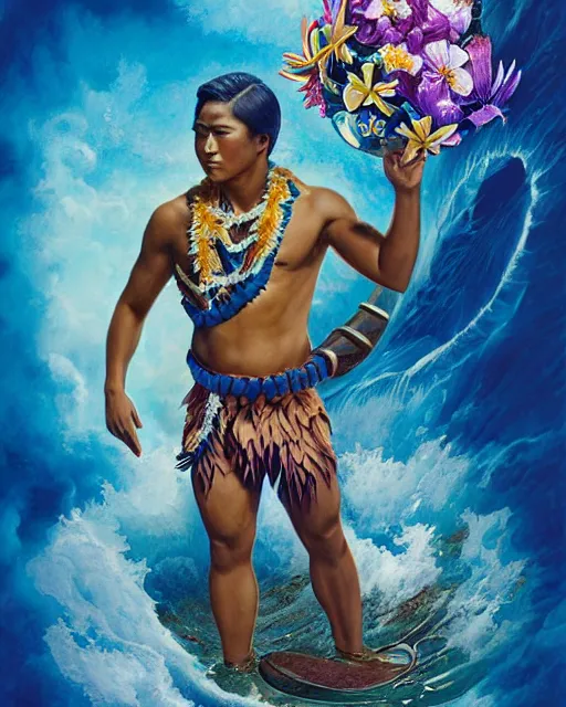 Prompt: young duke kahanamoku as a hawaiian warrior emerging from a surrounded intergalactic planets connected by streams of multiversal flow, sigma male, gigachad, lush garden of majestic flowers, visually stunning, luxurious, by wlop, james jean, jakub rebelka, tran nguyen, peter mohrbacher, yoann lossel