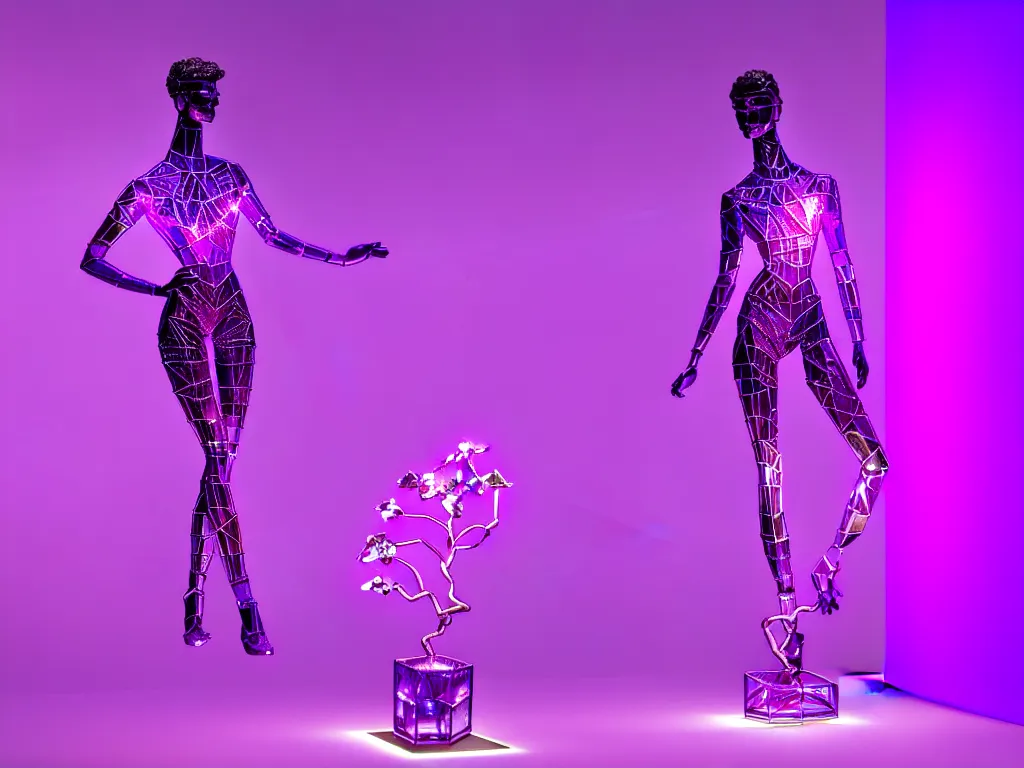 Image similar to beautiful mannequin sculpted out of amethyst by billelis + lit with purple 3 d geometric neon + chrome geometric cubed bonsai plants!!!!, doorway opening with neon pink geometric light, clean linework, dramatic, finely detailed, rule of thirds, moody, confident, award winning, 4 k, trending on artstation, photorealistic, volumetric lighting, octane render