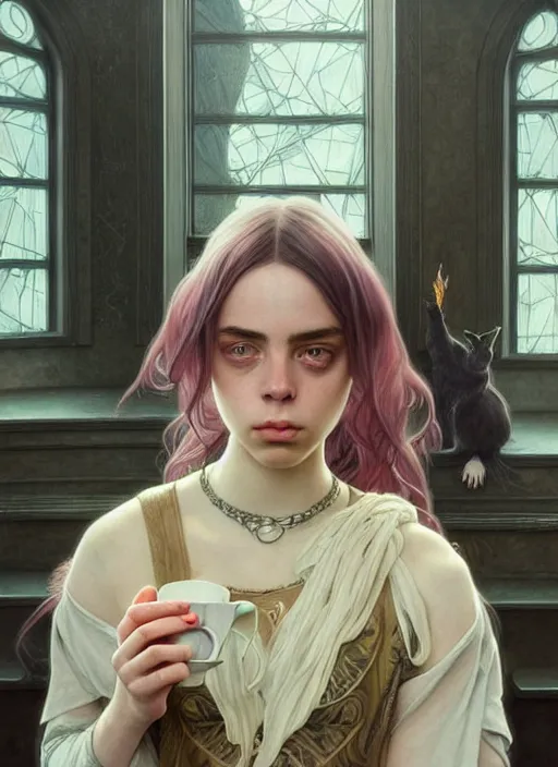 Image similar to Billie Eilish, sitting in a cafe, fantasy, intricate, elegant, highly detailed, digital painting, pale skin, artstation, concept art, matte, sharp focus, illustration, art by Artgerm and Greg Rutkowski and Alphonse Mucha