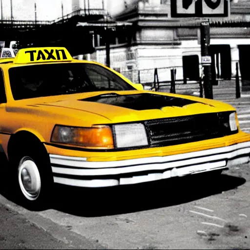 Image similar to taxi made from synthesizers keyboards, background of space