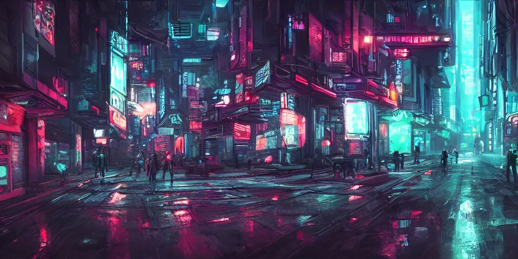 Prompt: digital art, trending on artstation, dystopian cyberpunk night street with neon