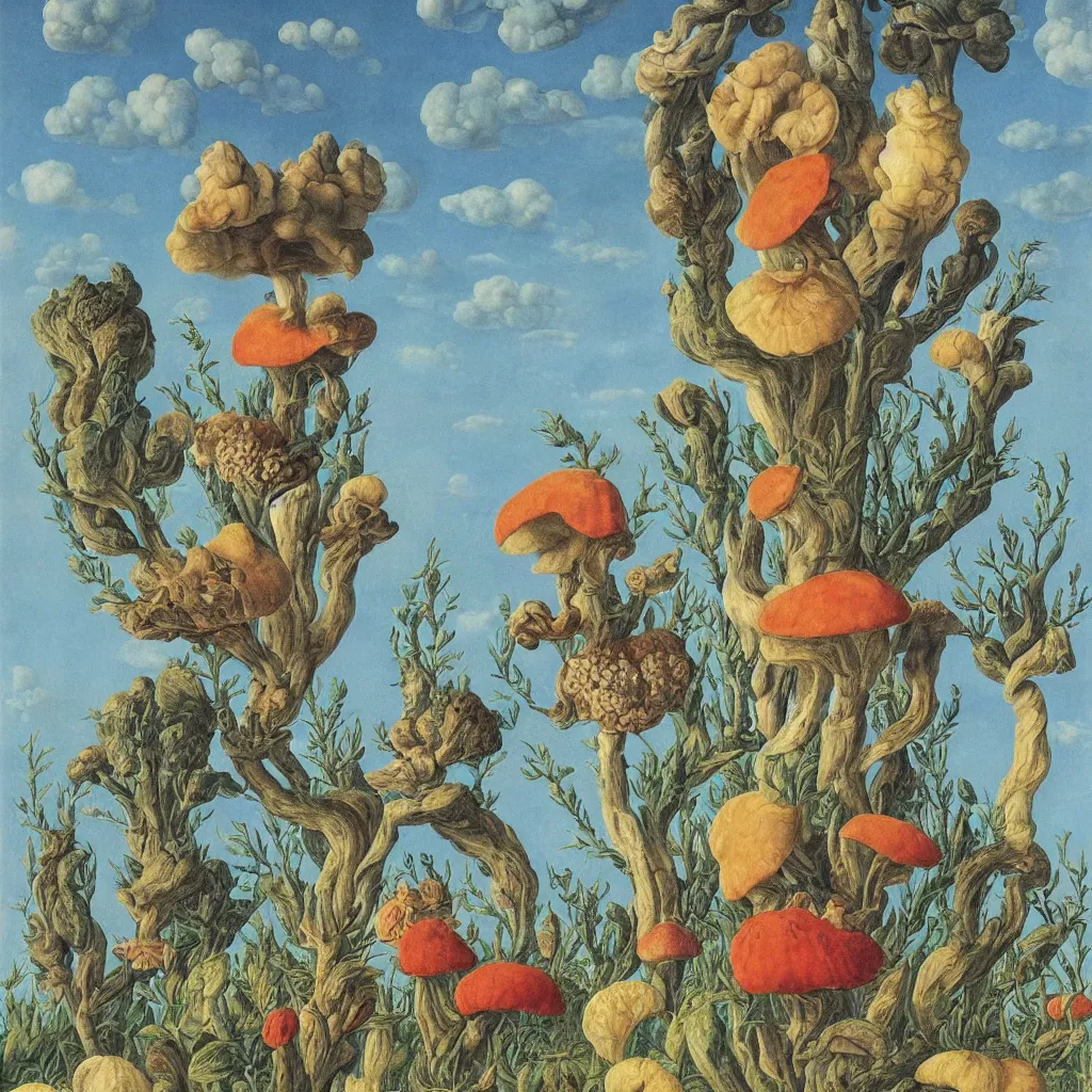 Prompt: a single! colorful!! fungus tower clear empty sky, a high contrast!! ultradetailed photorealistic painting by maria sibylla merian and rene magritte, hard lighting, masterpiece