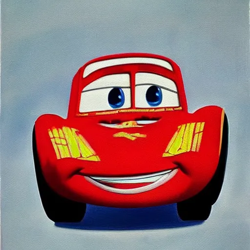 Prompt: a surrealist painting of Lightning McQueen,