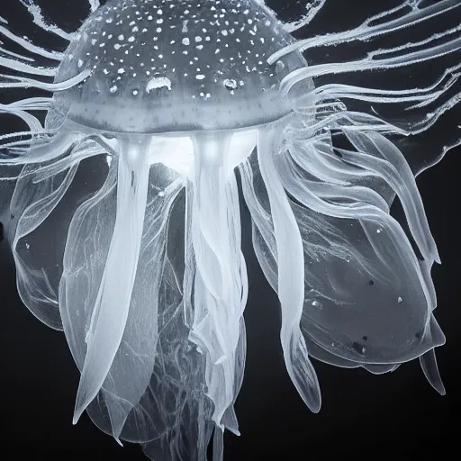 Prompt: bioluminiscent jellyfish, award winning black and white photography