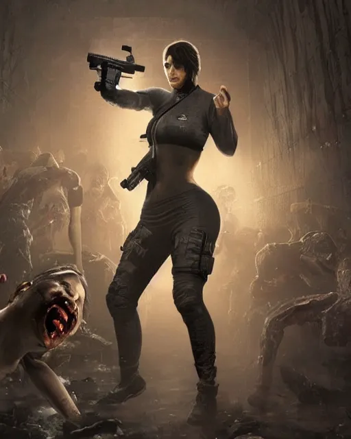 Image similar to A film still of kim kardashian being tackled by zombies in resident evil, highly detailed, digital painting, artstation, concept art, sharp focus, illustration, cinematic lighting, art by artgerm and greg rutkowski and alphonse mucha diffuse lighting, fantasy, intricate, elegant, highly detailed, lifelike, photo, digital painting, artstation, illustration, concept art, smooth, sharp focus, art by John Collier and Albert Aublet and Krenz Cushart and Artem Demura and Alphonse Mucha, full-shot, full pov.