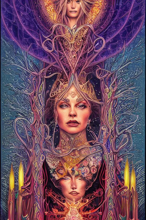 Image similar to beautiful tarot card of the queen of dreams by carol bak and dan mumford and alex grey, oil on canvas, intricate, border, symmetrical, portrait, 8k highly professionally detailed, HDR, CGsociety