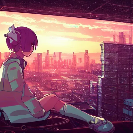 Prompt: android mechanical cyborg anime girl child overlooking overcrowded urban dystopia sitting. Pastel pink clouds baby blue sky. Gigantic future city. Raining. Makoto Shinkai. Wide angle. Distant shot. Purple sunset. Sunset ocean reflection.
