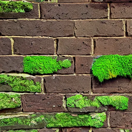 Prompt: a brick wall with moss growing on it, a cave painting by andy goldsworthy, flickr, environmental art, ultrafine detail, made of wrought iron, made of insects
